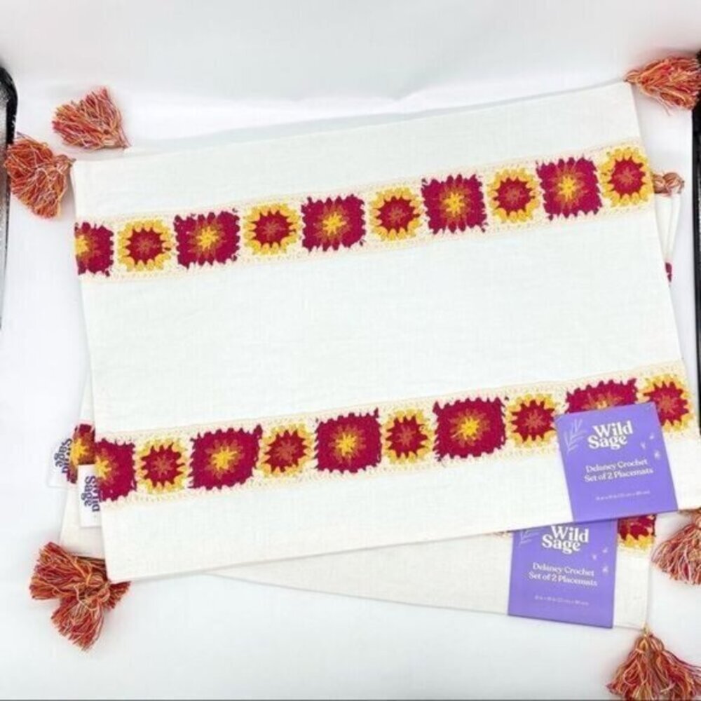 Wild Sage Delaney Crochet Granny Square Placemats Linen Cotton Set of 4 New